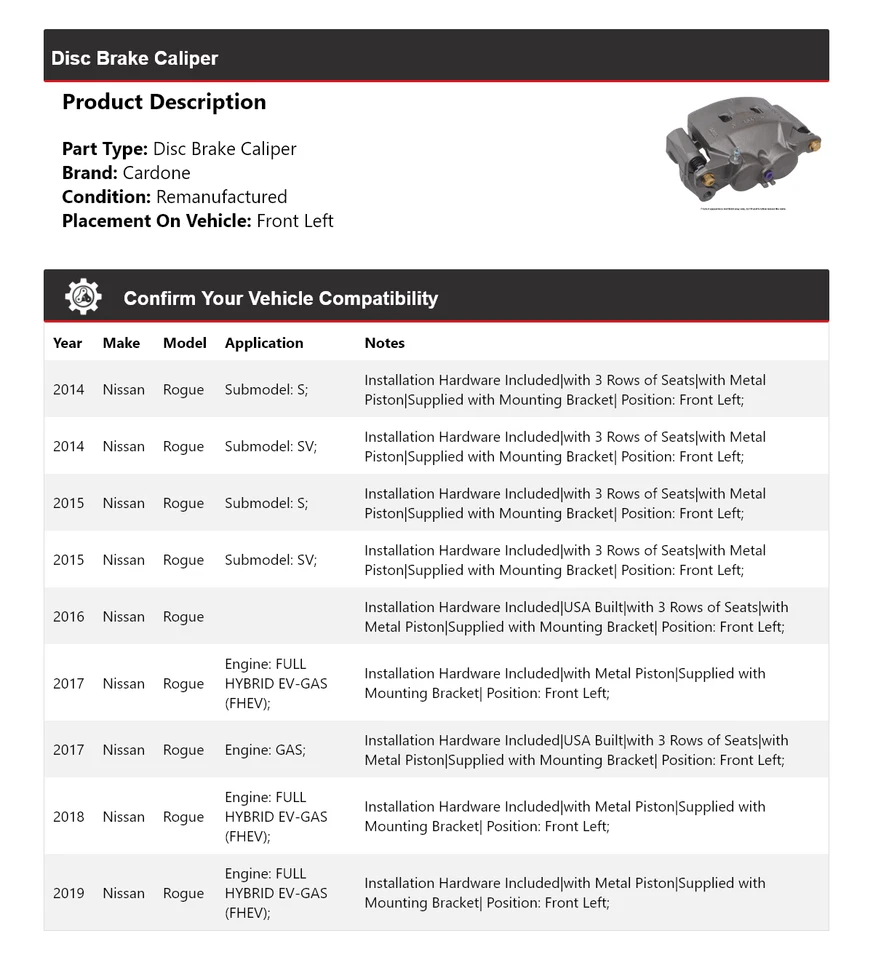 Pinza de freno de disco delantera izquierda cardone 2015 2016 2017 para Nissan Rogue 2014-2019 Foto 2 de 4