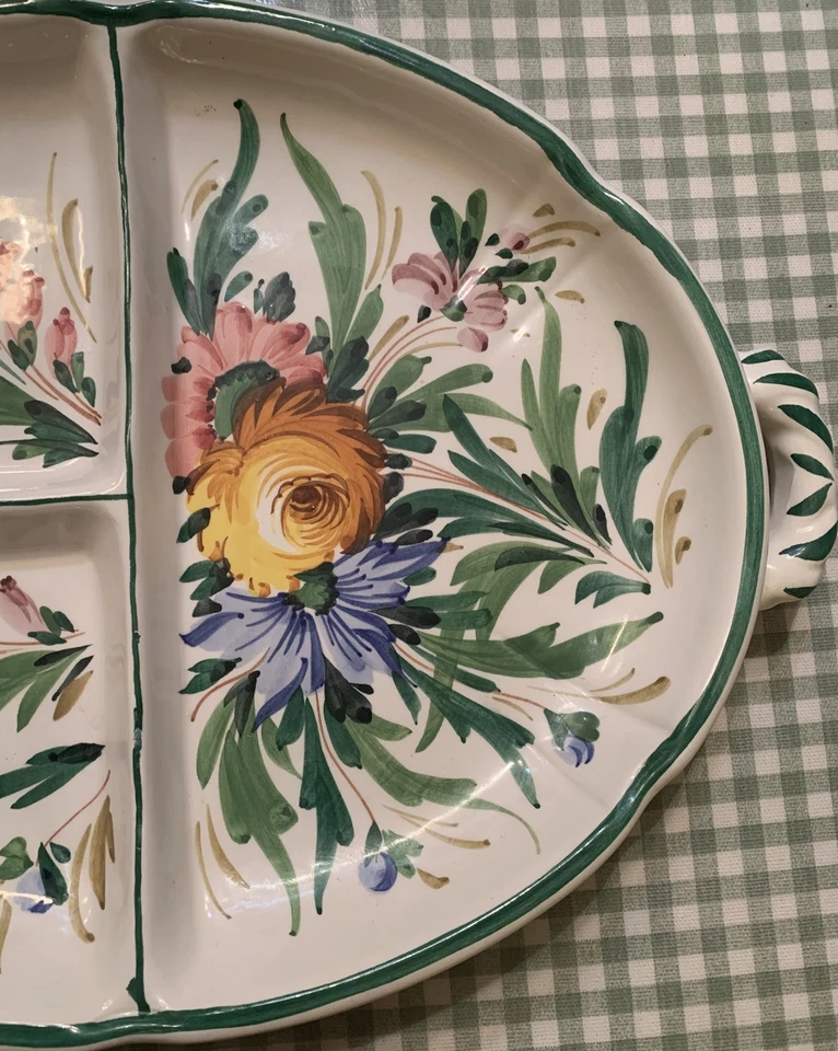 Prato de servir majólica italiano pintado à mão Nove rosa tulipa 14”x9” alças - Imagem 4 de 4