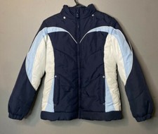 London Fog Winter Puffer Coat / Jacket Youth M 10-12 Blue White Elastic Cuffs