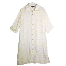Vintage 90s Simona Linen Shirt Dress Womens 10 White Polka Dot Full Button