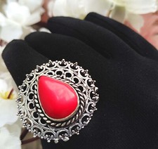 Hippie Red Coral Ring 925 Sterling Silver Plated Coral Ring Statement Ring Gift 
