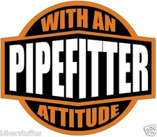 PIPEFITTER WITH AN ATTITUDE HELMET STICKER ORANGE ON BLACK HARD HAT STICKER 