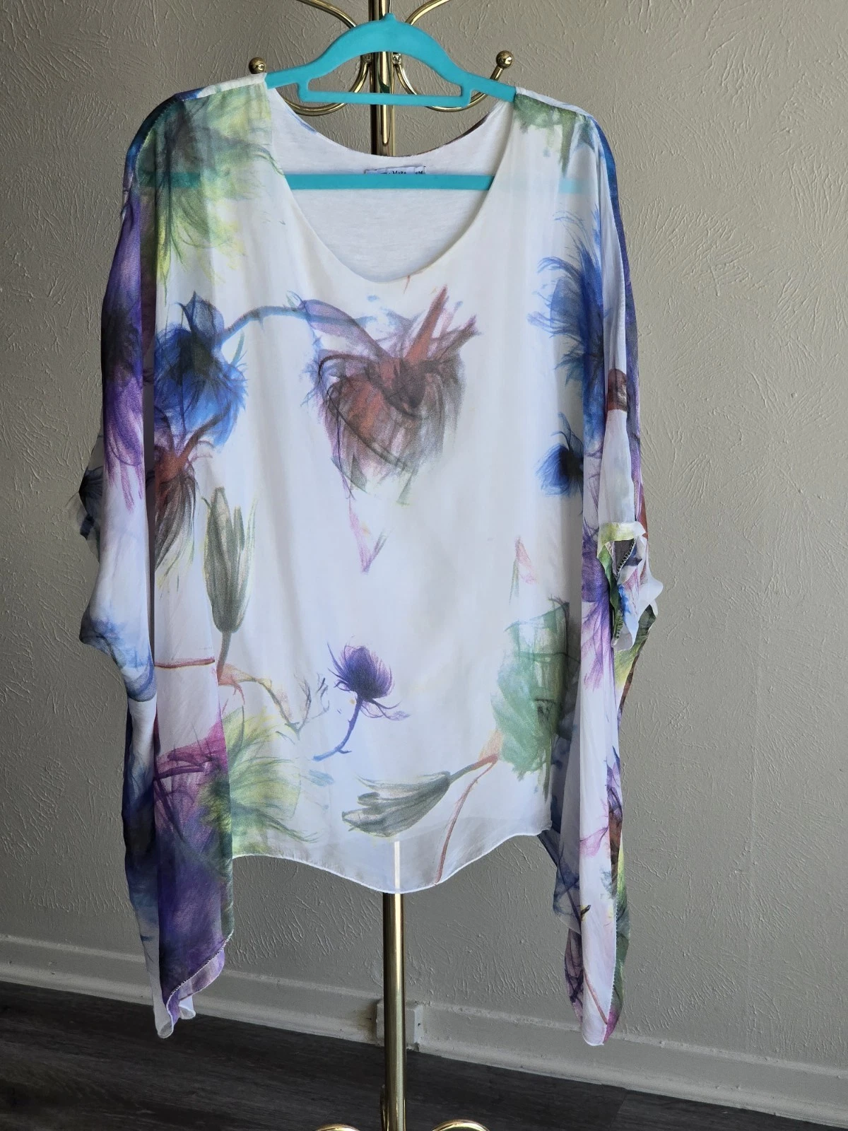 Angela Mara Made In Italy 100% Silk Women's Floral Sheer Poncho Blouse Sz S/M