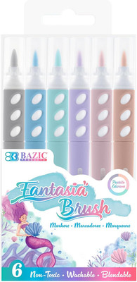 BAZIC Brush Markers 6 Pastel Colors, Fine Line Washable Coloring Marker, Non Tox