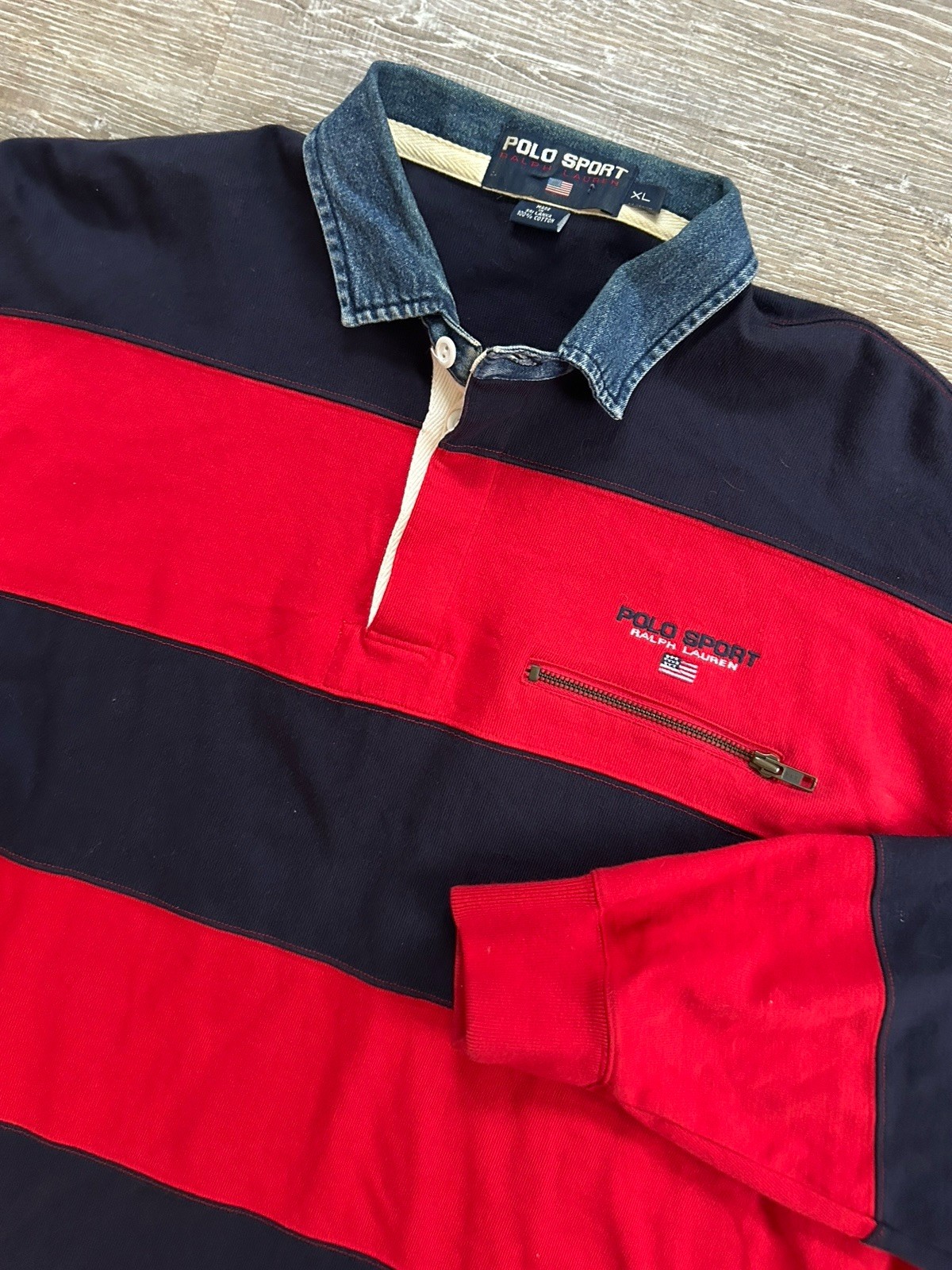 Vintage 90s Polo Sport Ralph Lauren Rugby Shirt Denim Collar Striped XL Red Blue