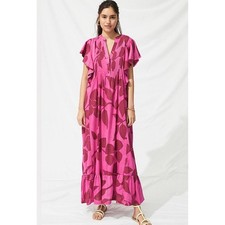 Maeve Anthropologie Pink Burgundy Leaf Print Ruffle Flutter Sleeve Maxi Dress L