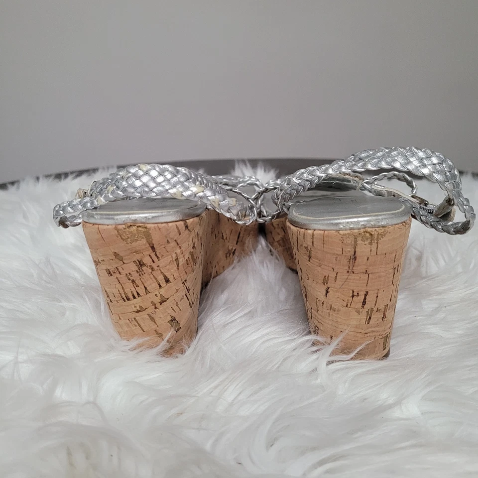 Kate Spade New York Women’s 8.5 Wedge Sandals Silver Braided Cork Heel - Image 4 of 4