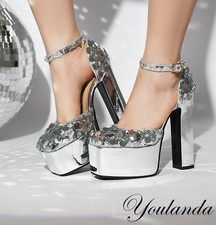 Womens Platform Sequins Block Heels Shoes Ankle Strappy Square Toe Fashion Pumps