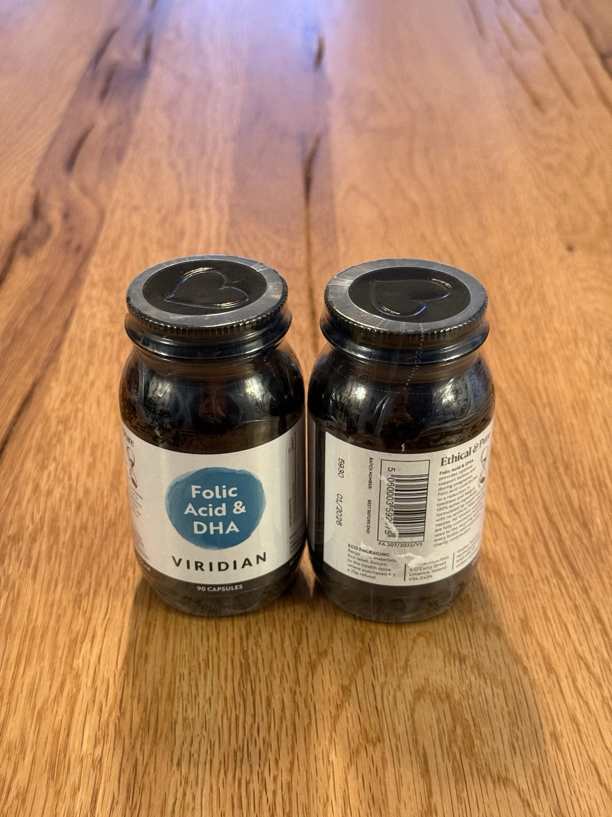 2x Viridian Folic Acid With DHA 90 Vegetarian Capsules - New BBE Passed 2