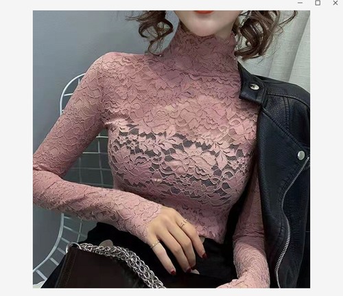 Hollow lace base shirt for slimming, half high neck slim fit top - Picture 7 of 16
