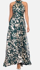 Betsy  Adam Women's Green Gold Lined Metallic-Print Mock-Neck Gown Size 2