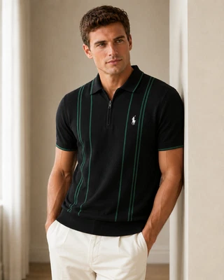 Polo Ralph Lauren Black Polo Shirt Green Stripe Embroidered Pony Logo - Image 1 of 4