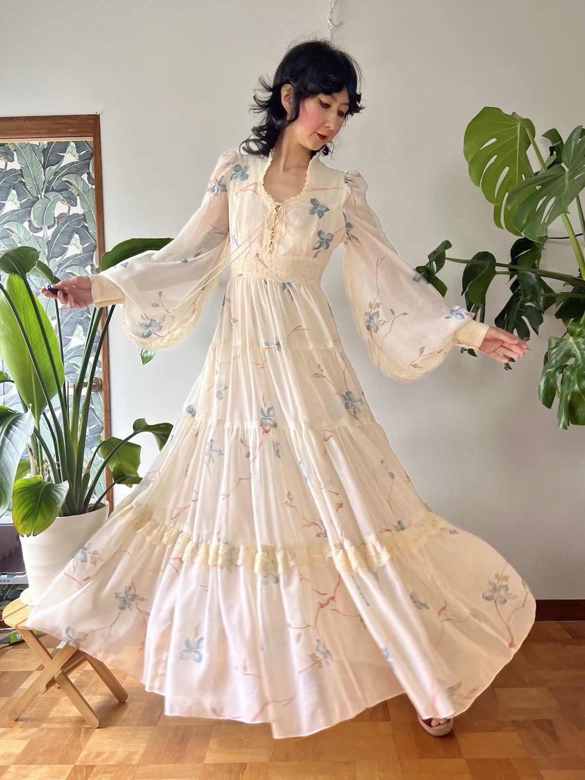 RARE VTG 70s Gunne Sax Dogwood Lace Up Corset Balloon Sleeve Prairie Maxi Dress