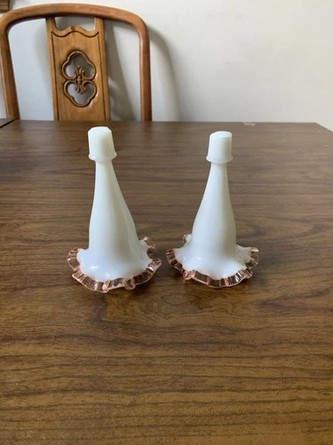 TWO FENTON WHITE OPALESCENT WITH PINK RUFFLE EPERGNE HORN ONY