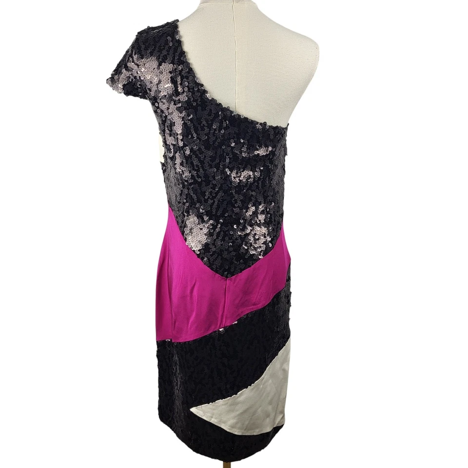 NEW Jay Godfrey Size 6 Silk Dress One Shoulder Lined Color Block Black Sequins - Image 4 of 4