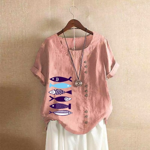 Cotton Linen Women Short Sleeve T-Shirt CasualLoose Print Blouse Tops Plus Size@ - Picture 13 of 19