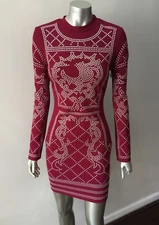 NWT Studded Sheath Spandex Bodycon Long Sleeve Burgundy Celebrity Party Dress S