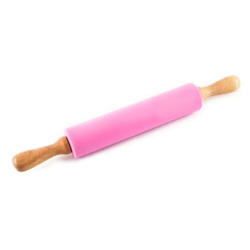 Pink Silicone Rolling Pin Non-Stick Oak Handles Dough Pastry Cookies Dumplings - Picture 1 of 2