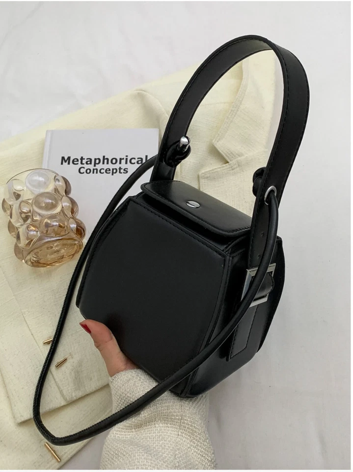 Black Mini Buckle Detail Snap Button Bucket Bag - Image 2 of 4