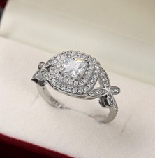 Halo Engagement Women Ring Princess Simulated Diamond 14K White Gold Plated