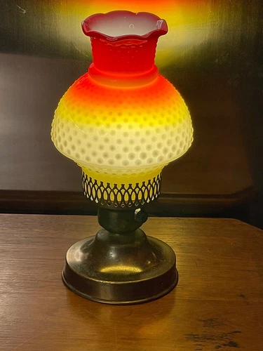 Kanawha Glass Amberina Cased White Hobnail Shade Table Lamp Vintage