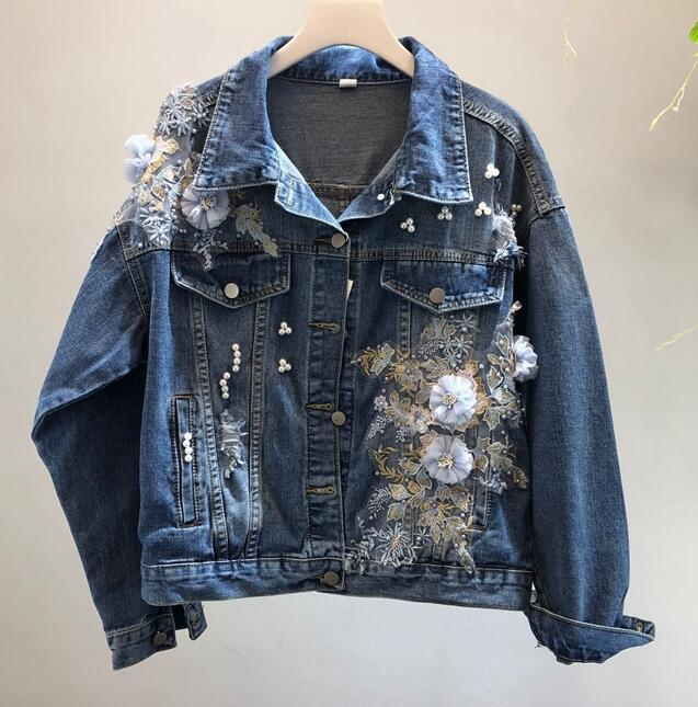 Women Artsy Flower Spliced Long Denim Hooded Coat