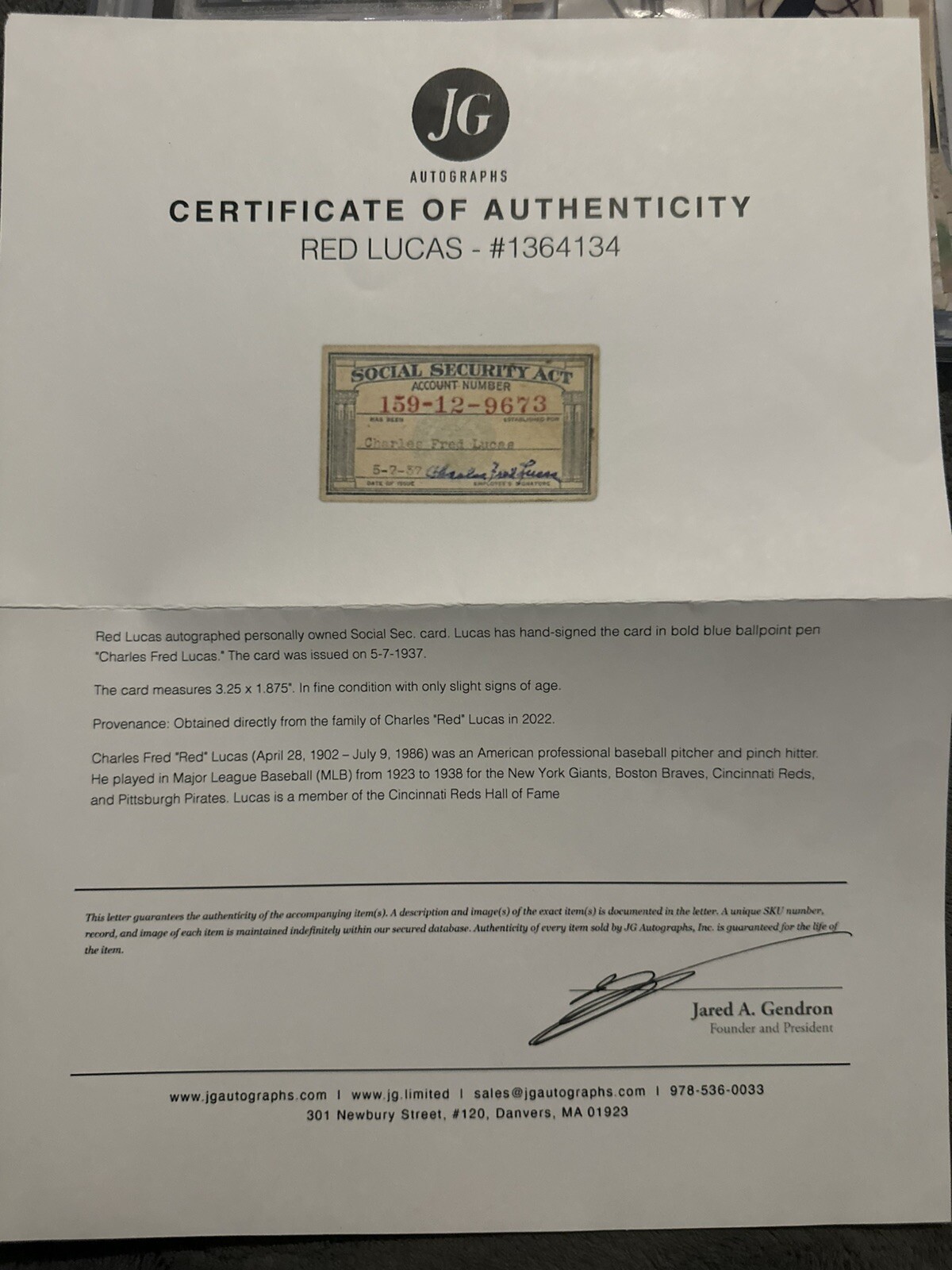 Charles Red Lucas Signed Social Security Card ORIGINAL JG Autographs COA - image 3