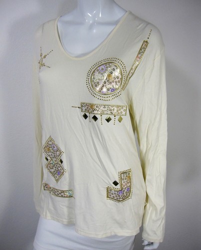 Dona Rosa Long Sleeve Blouse Top Crew Neckline XL Ivory Embroidered - Picture 3 of 10