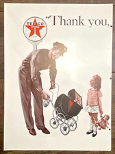 Original Vintage Texaco Ad: Serviceman and girl with pram