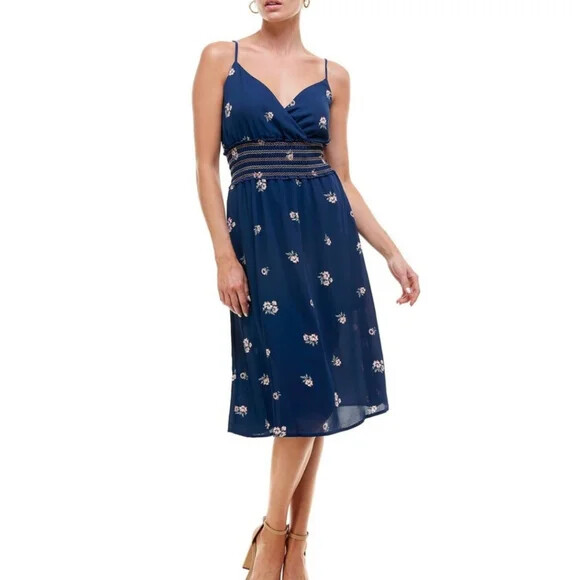 ROWA NEW Size Large Blue Floral Print Smocked Waist Midi Dress Wedding Spring