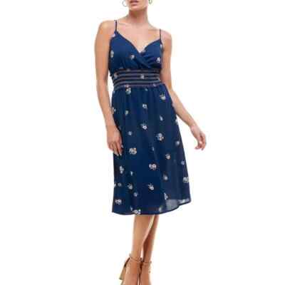 ROWA NEW Size Large Blue Floral Print Smocked Waist Midi Dress Wedding Spring