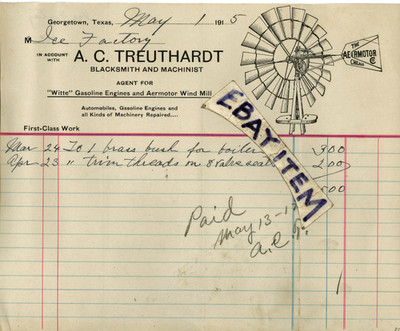 1915 LETTERHEAD Georgetown Texas A C TREUTHGARDT blacksmith AERMOTOR WIND MILL