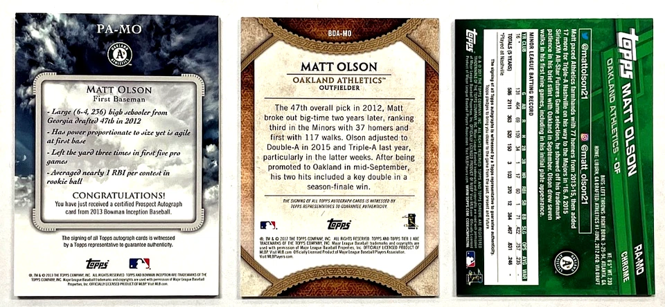 Matt Olson 2017 Topps Cromo Nivel Uno Bowman Inception Auto RC Lote de 3 Braves Foto 2 de 3