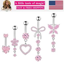 Belly Button Ring Dangle Navel Belly Piercing Jewelry Cute Pink CZ Heart Butt...