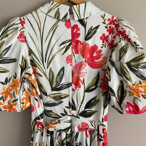 Badgley Mischka White Floral Print Midi Dress Puff Sleeves Size 2 $550 New - Picture 5 of 9