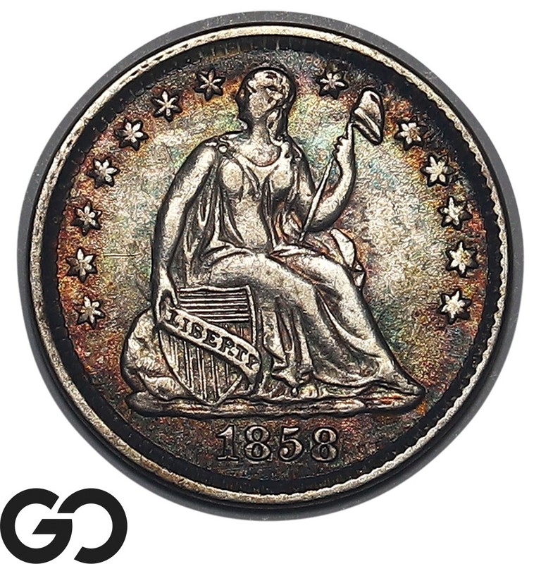 1858 Seated Liberty Half Dime, Choice AU++, Nice Toning