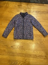 Lands End Girls Floral Puffer Jacket Size L 14 16 Blue Full Zip Coat