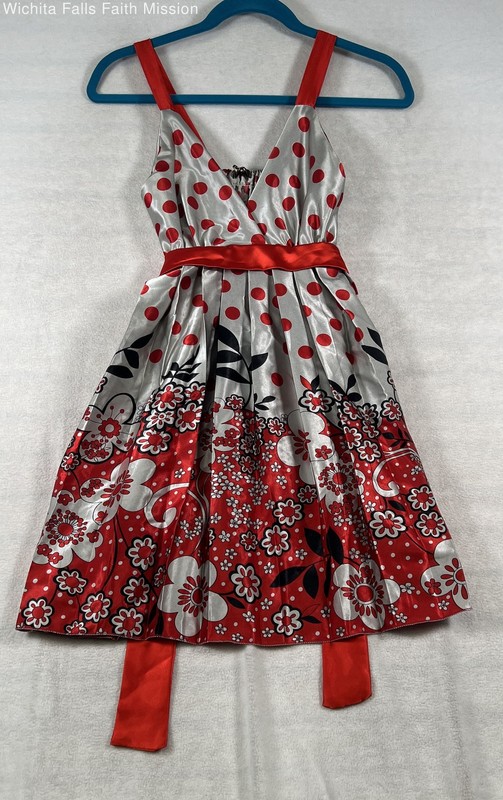 Lizzy Girls Red Silver Floral Polka Dot Satin Halter Dress Waist Sash NWT