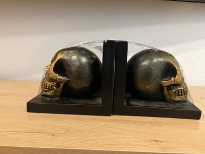 Gothic Skull Bookends Pair Black Gold Resin Dark Academia Decor
