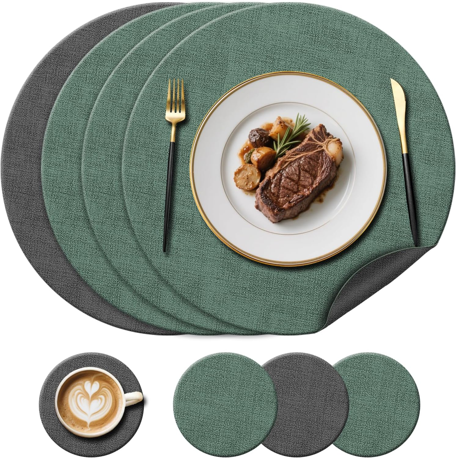 Round Leather Place Mats and Coasters Set of 4, Heat-Resistant 212°F, Non-Slip ＆