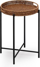 Small Wier Round End Table, 16.5 in Rattan End Tables with Removable