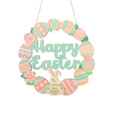 Happy Easter Decorations Wood Wreath Sign, Bunny Eggs Hanging 11 inches, blue