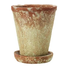 Cement Planter with Saucer, Distressed Terra-Cotta Finish, Holds 5" Pot