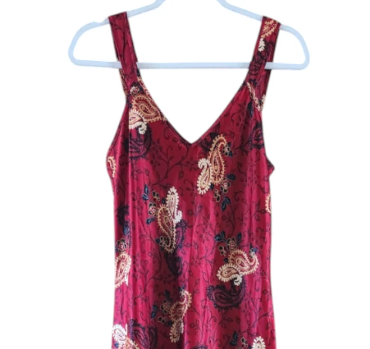 VTG JONES NEW YORK Silky Satin Nightgown DARK RED PAISLEY V-Neck A-Line Gown L - Image 2 of 4