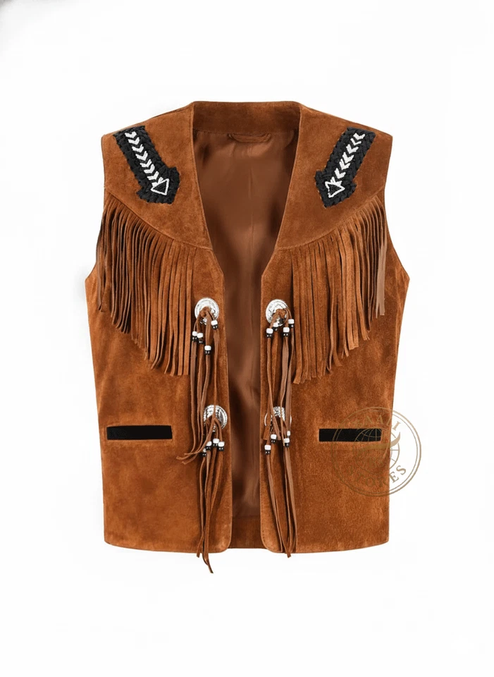 Unisex Western Suede Fringe Leather Vest Cowboy Cowgirl Handmade Beaded Jacket - Image 3 of 4