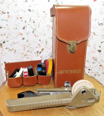 Vintage DYMO M-5 Label Maker/Tape Writer Gray/Brown with Case, 7 Roll Holders