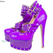 Women Pumps Rhinestone Stiletto Heel Studs Round Toe ClubWear Shoes US Size 5-20