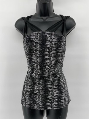 I Me Designer Black Silver Textured Sleeveless Top with Gathered Straps X-Large