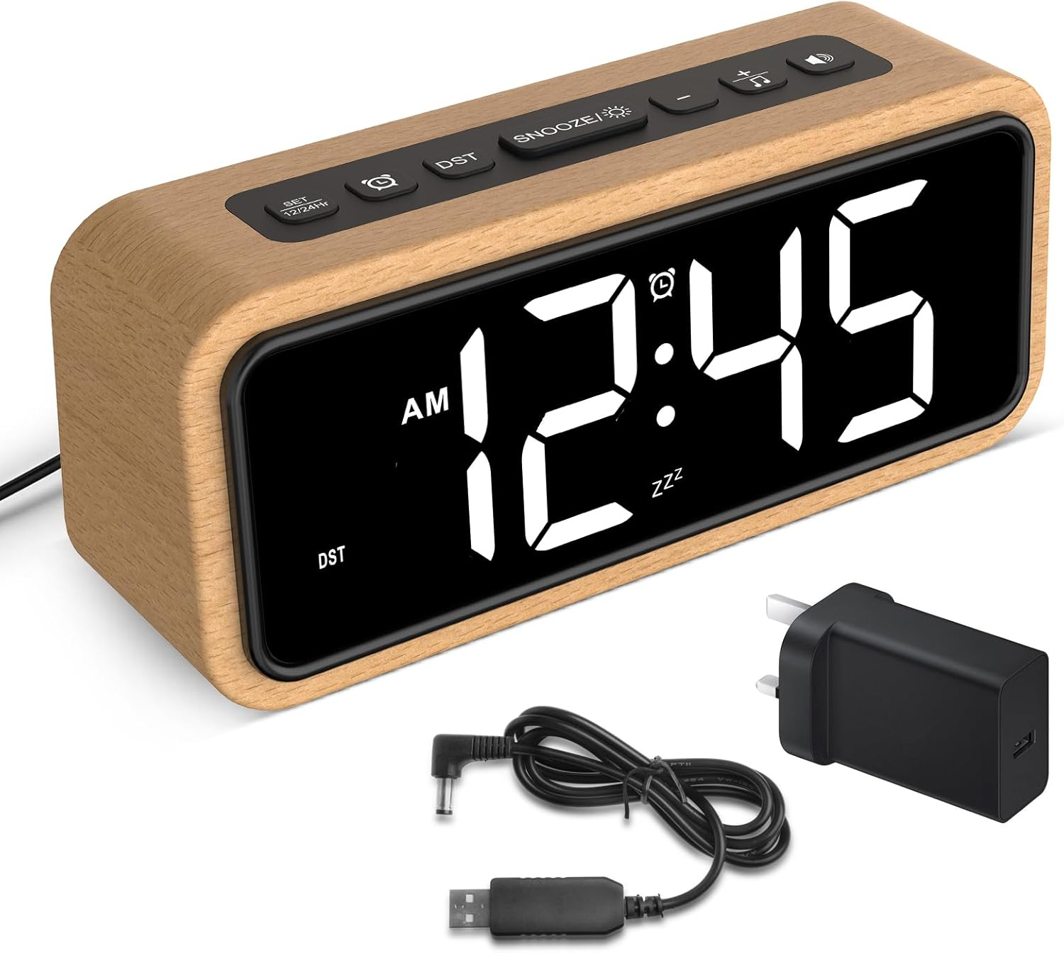 Loud Alarm Clocks Bedside, Wooden Alarm Clock with 12 Alarm Sounds, 5 Volumes, 5