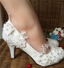 Lace white ivory crystal Wedding shoes Bridal flats low high heel pump size 5-12